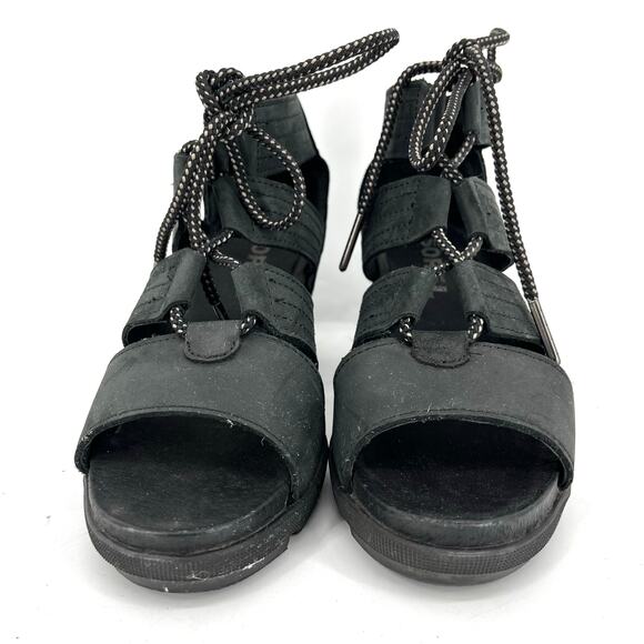 Sorel Women's Black Leather Joanie II 2 Lace up Wedge Open Toe Sandal 36.5 / 5.5 - Picture 3 of 9